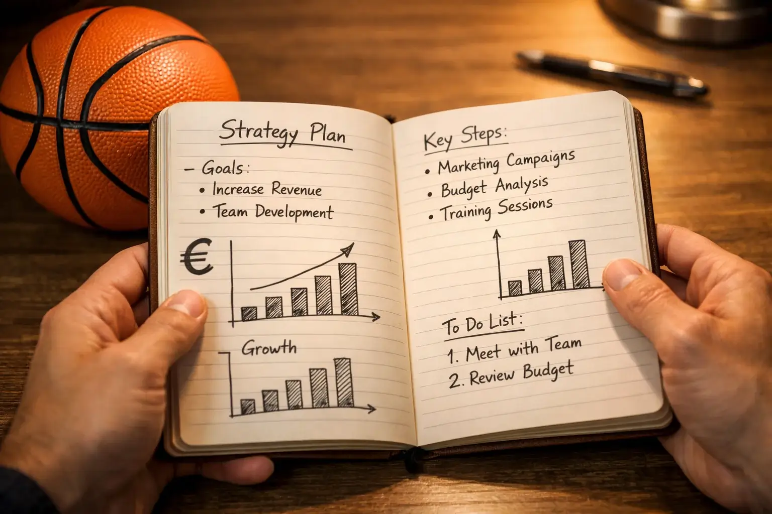 Persoon die een notitieboek met strategie-aantekeningen bestudeert naast een basketbal