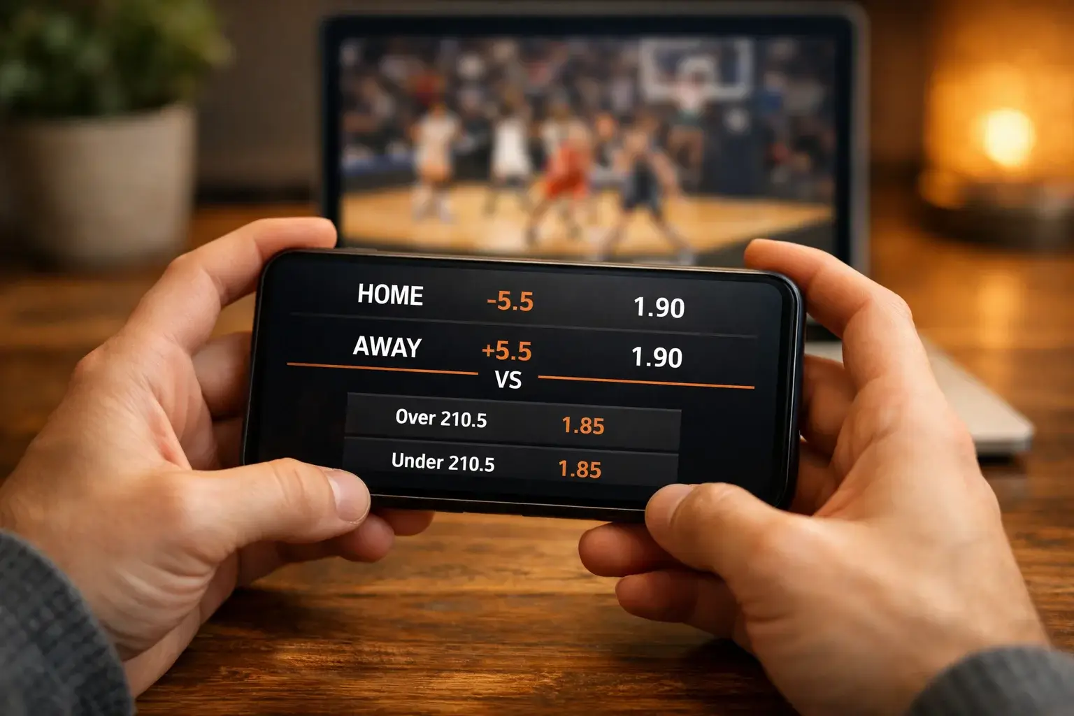 Smartphone met basketbal weddenschap interface en NBA odds weergave