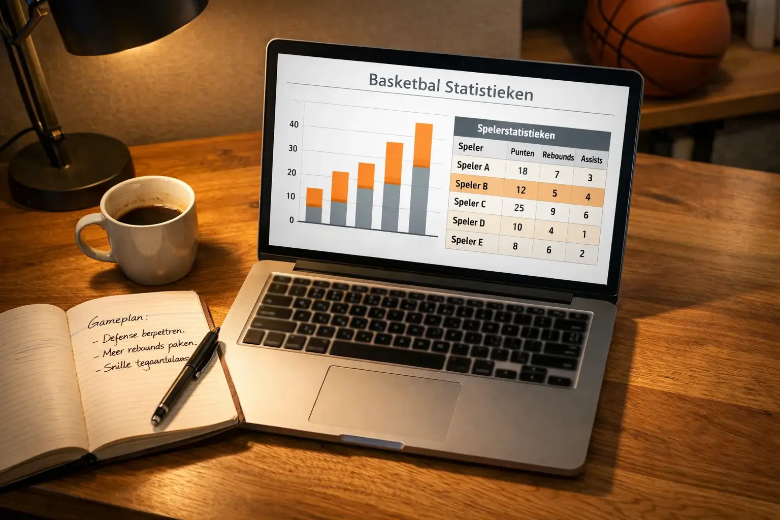 Laptop met basketbal statistieken en grafieken voor wedanalyse