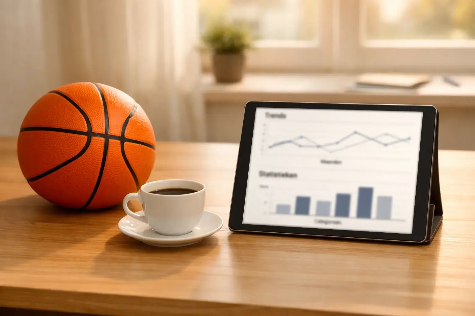 Basketbal naast een tablet met statistieken en grafieken op een bureau