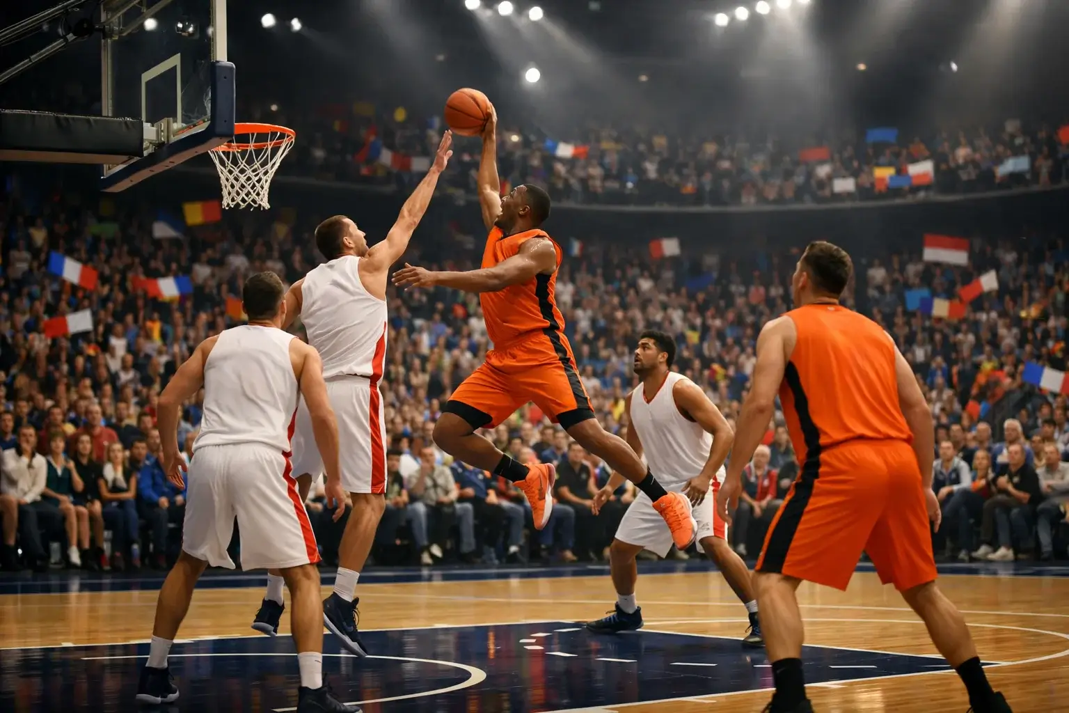 Internationale basketbalwedstrijd met vlaggen van verschillende landen in het stadion