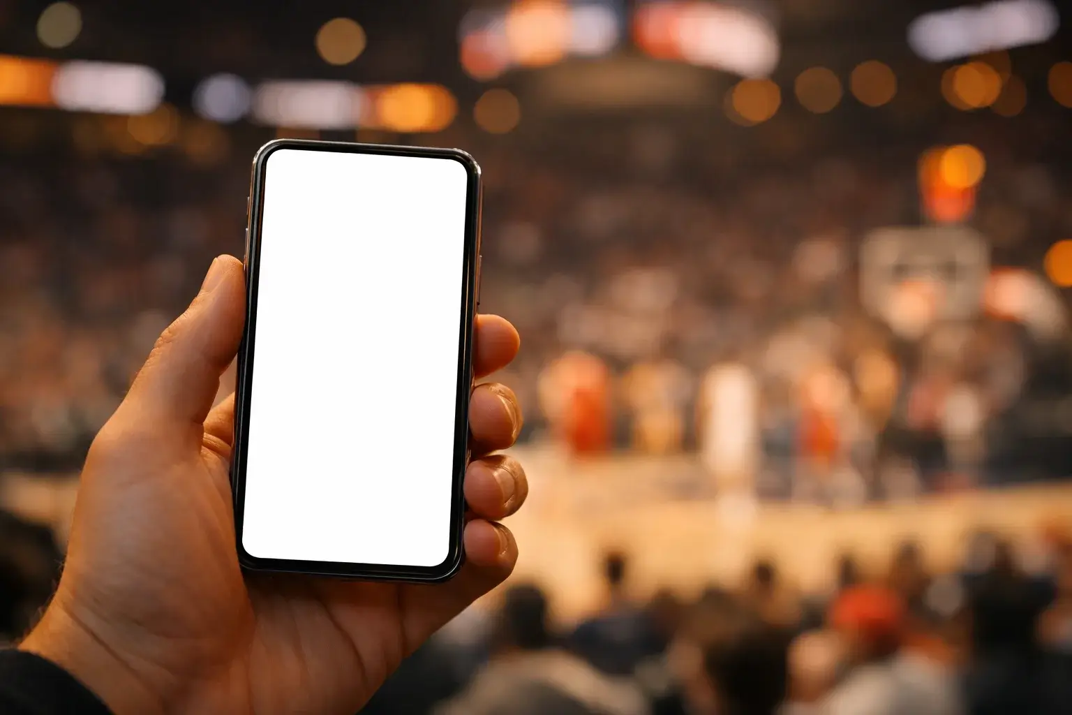 Persoon die een smartphone vasthoudt bij een basketbalwedstrijd in een arena
