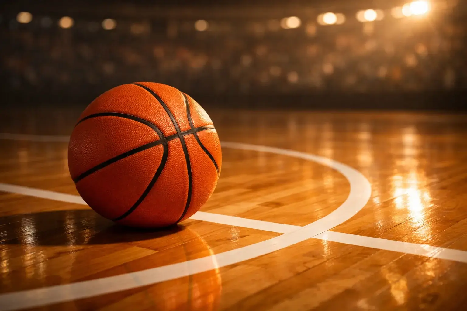 Persoon analyseert basketbalstatistieken met een notitieblok naast een basketbal op tafel