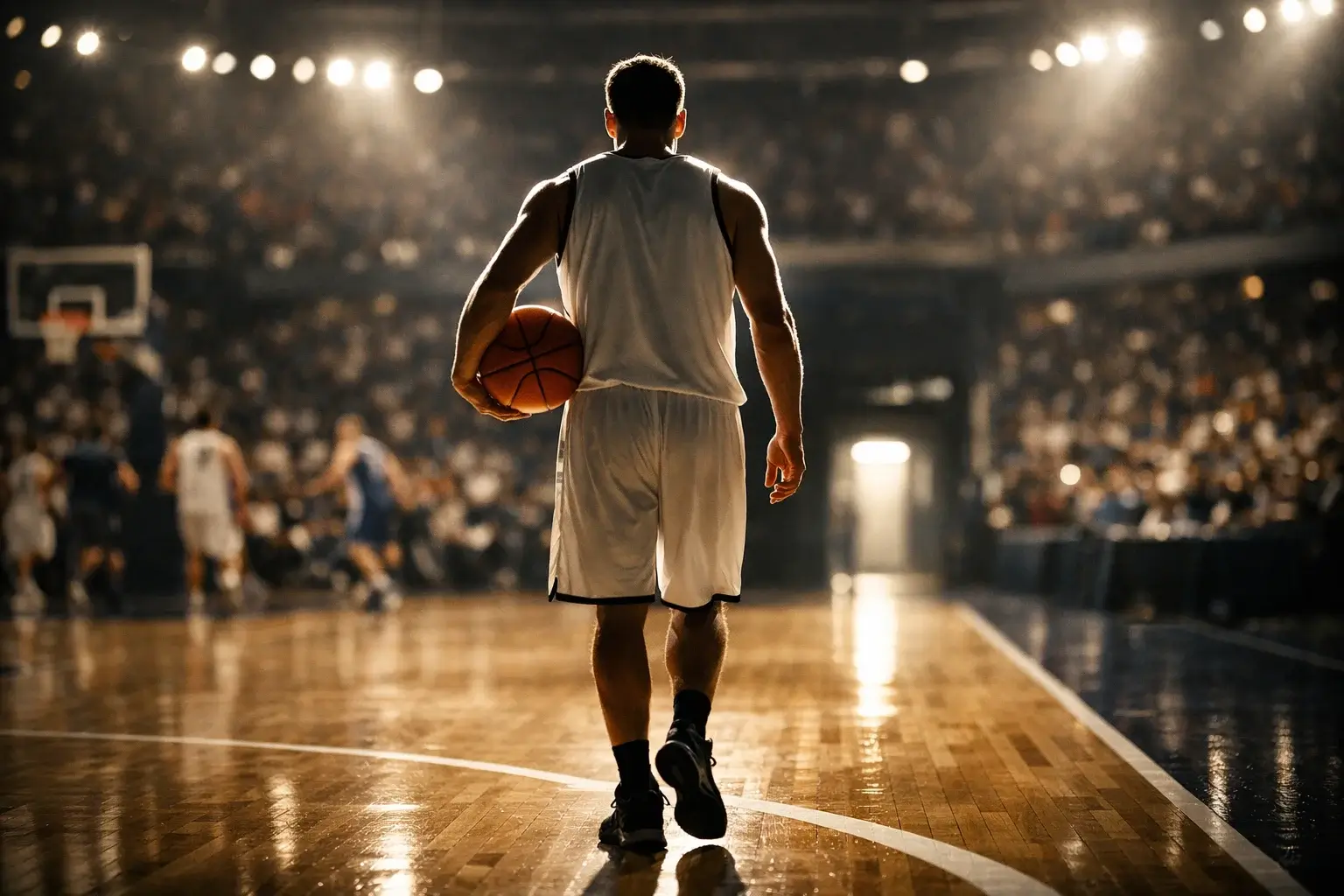 Basketbal op de startlijn van een basketbalveld als metafoor voor het begin van een wedavontuur