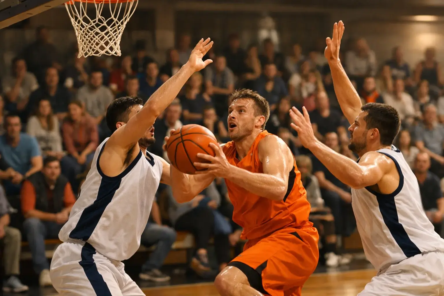 Basketbalwedstrijd in een Nederlandse sporthal met BNXT League sfeer