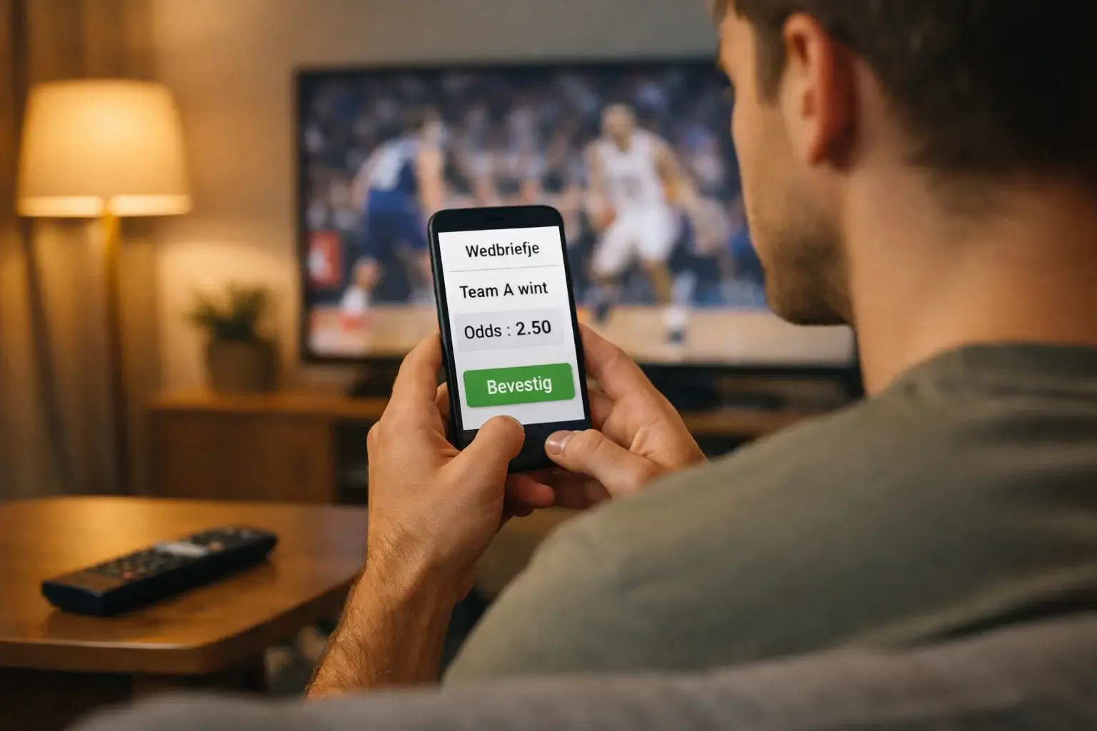 Persoon plaatst een eerste basketbal weddenschap op een smartphone via een bookmaker app