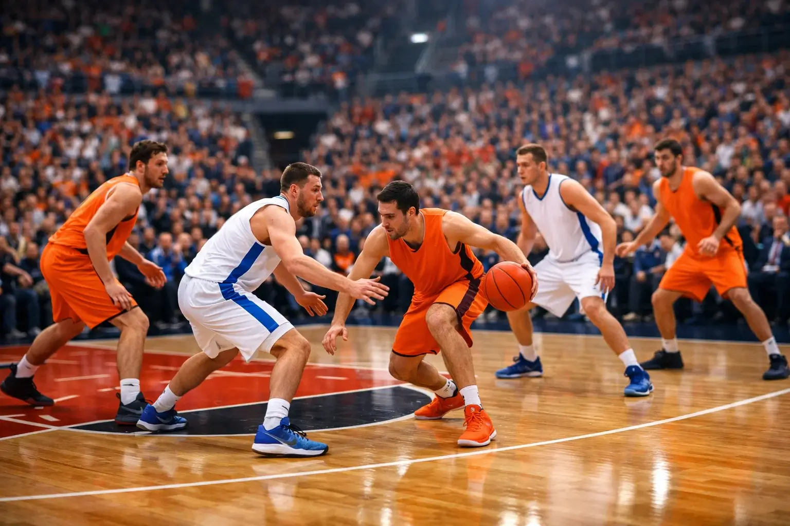 EuroLeague basketbalwedstrijd in een grote Europese arena vol toeschouwers