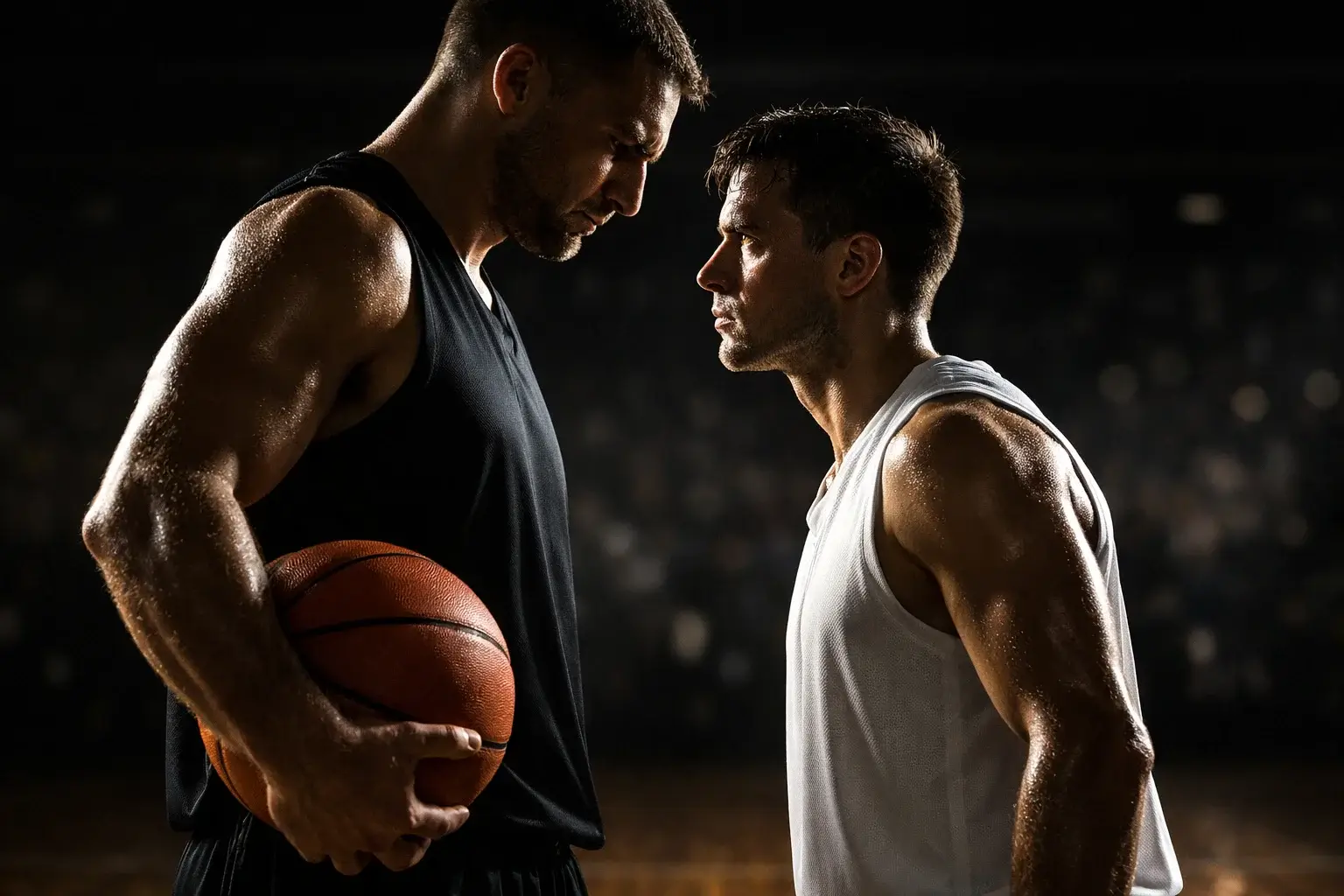 Twee basketbalspelers in een duel die het contrast tussen favoriet en underdog tonen