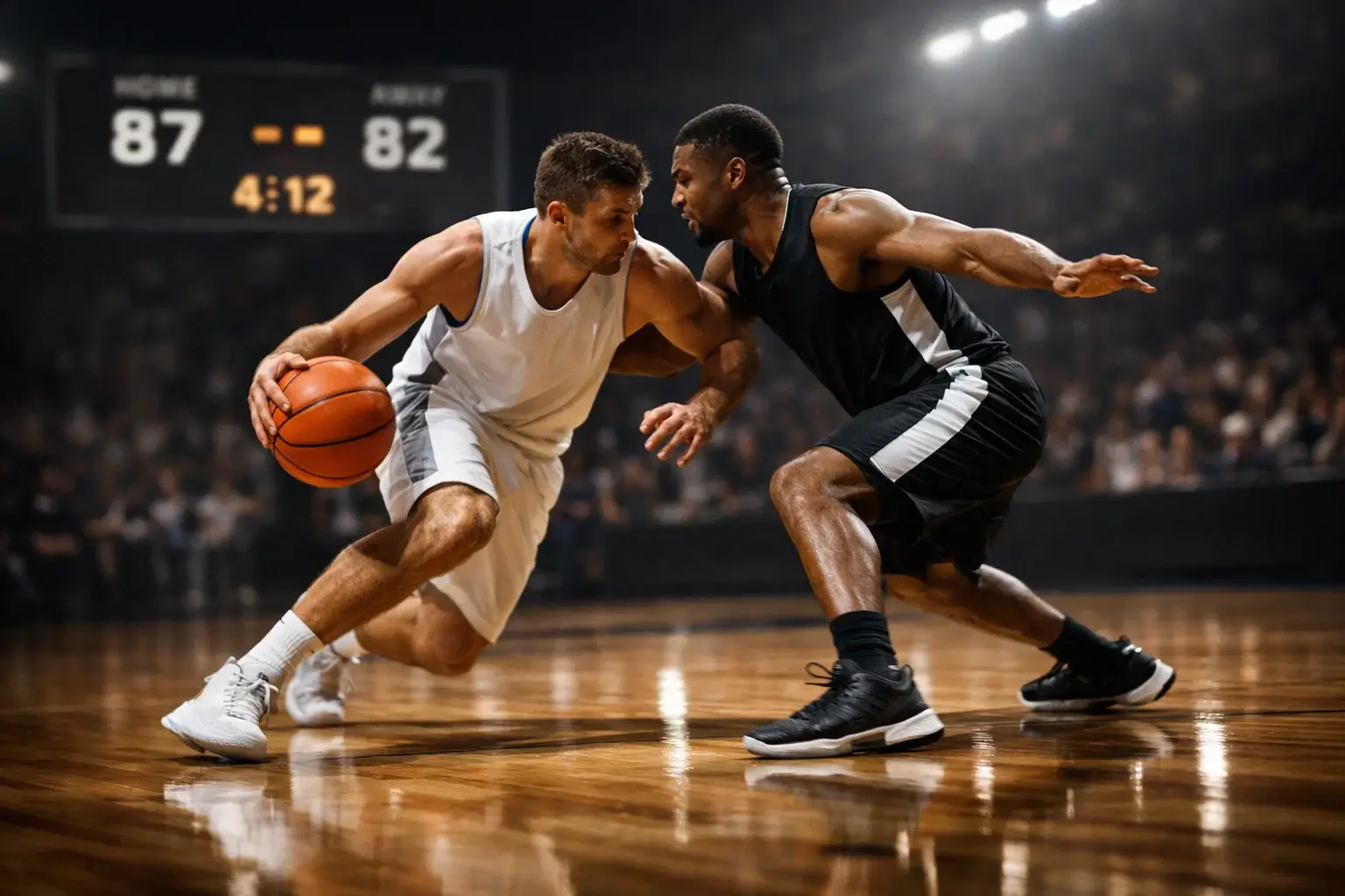 Basketbalspeler die een verdediger passeert bij een wedstrijd met zichtbare puntenverschillen op het scorebord