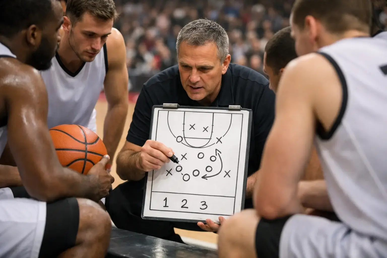 Basketbalwedstrijd op het moment van een time-out met spelers in overleg