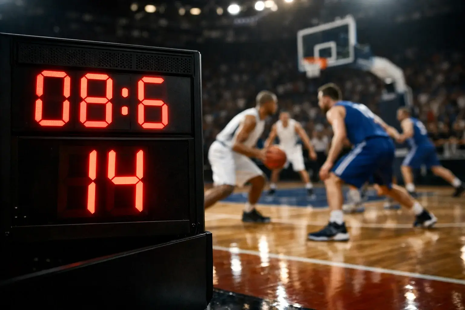 Basketbalwedstrijd gezien vanuit het oogpunt van de shotclock die de tijd aangeeft