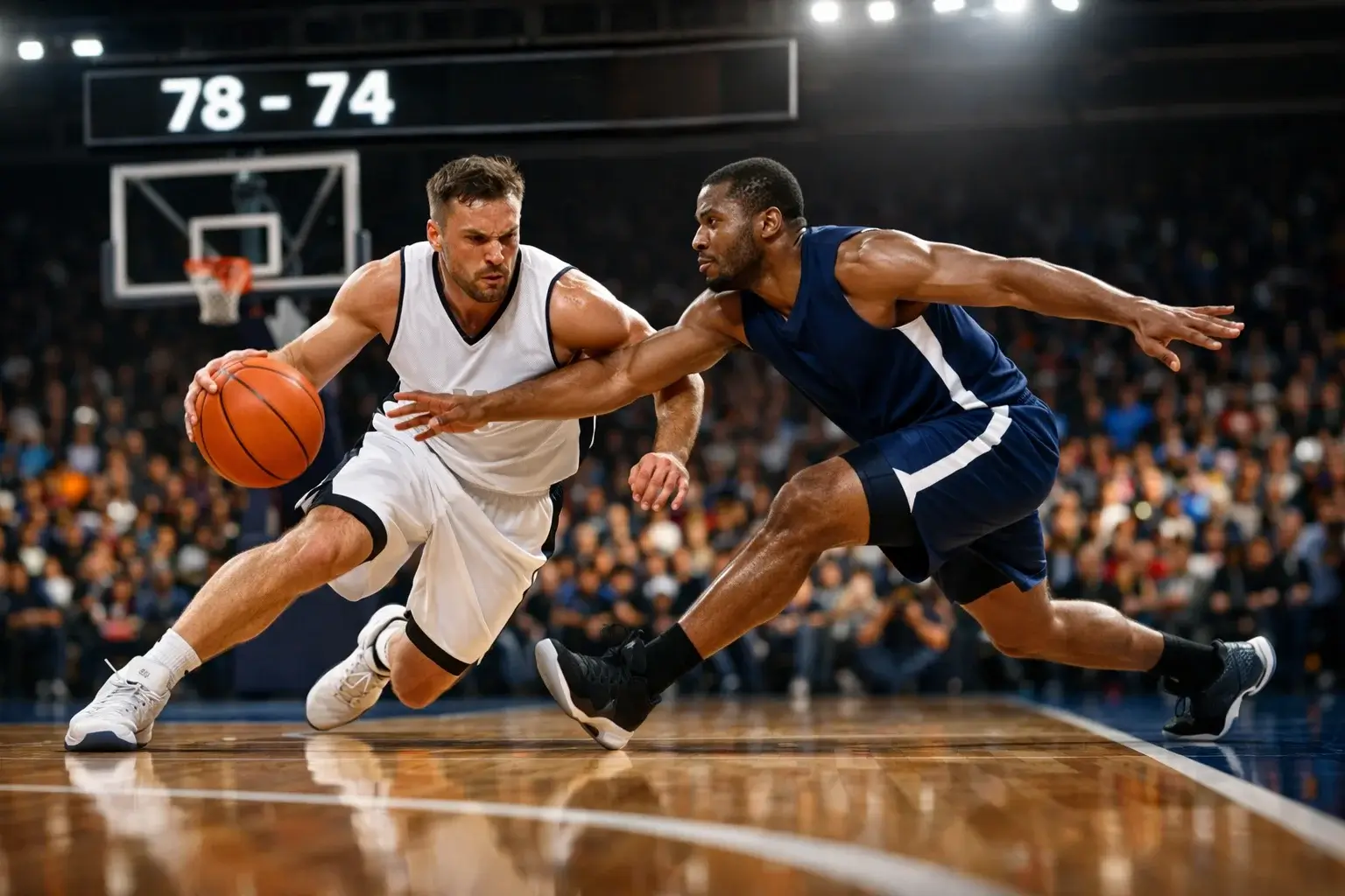 Live basketbalwedstrijd met dynamisch scorebord en spelers op het veld