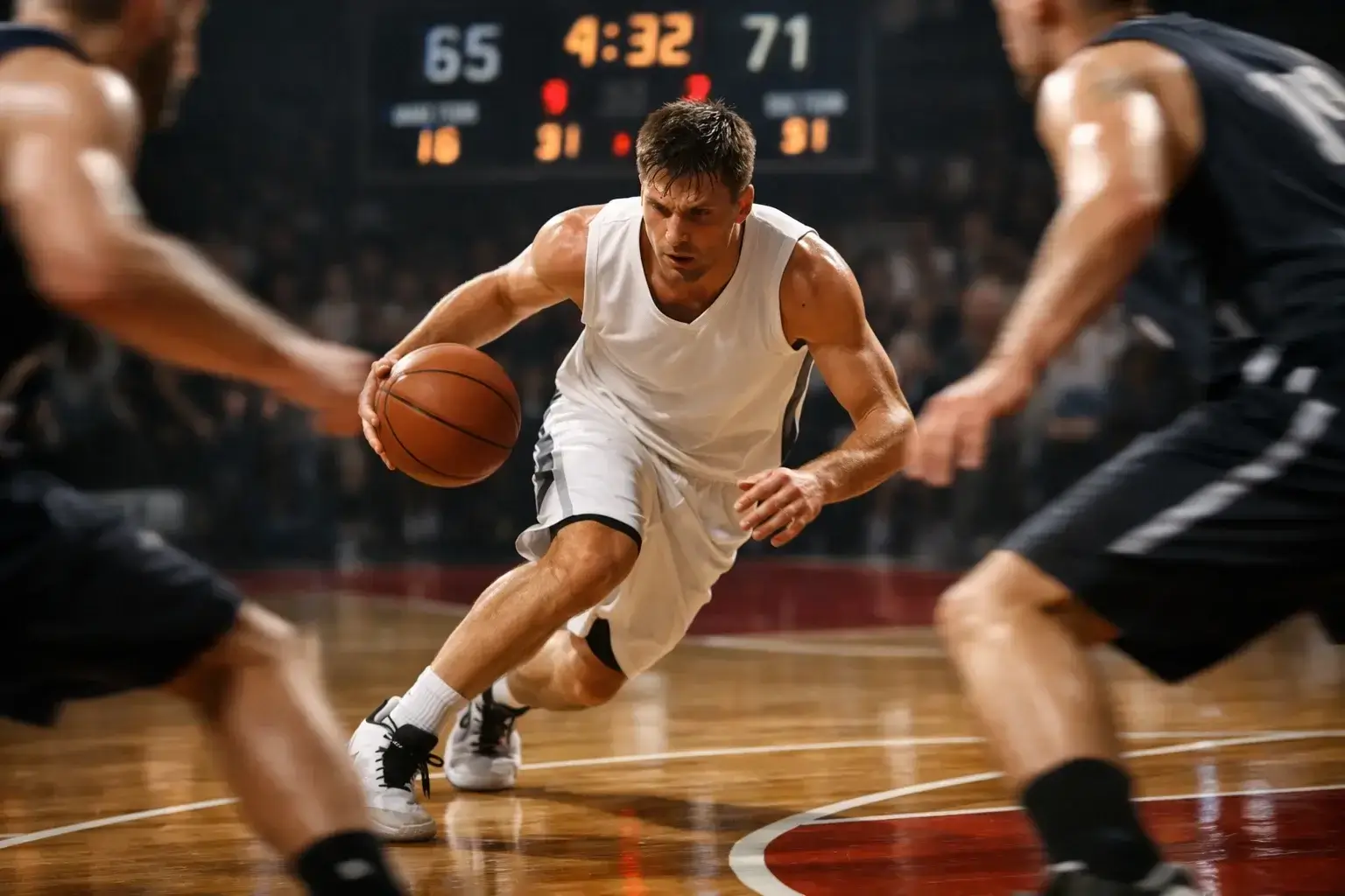 Dynamisch moment tijdens een live basketbalwedstrijd met scorebord op de achtergrond