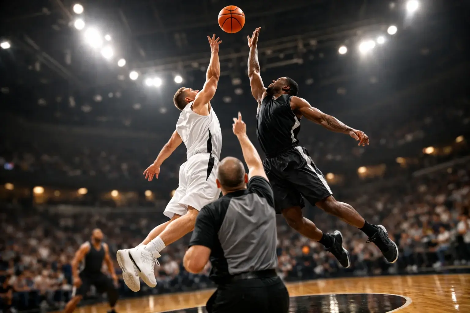 Twee basketbalteams klaar voor de tip-off op een professioneel basketbalveld