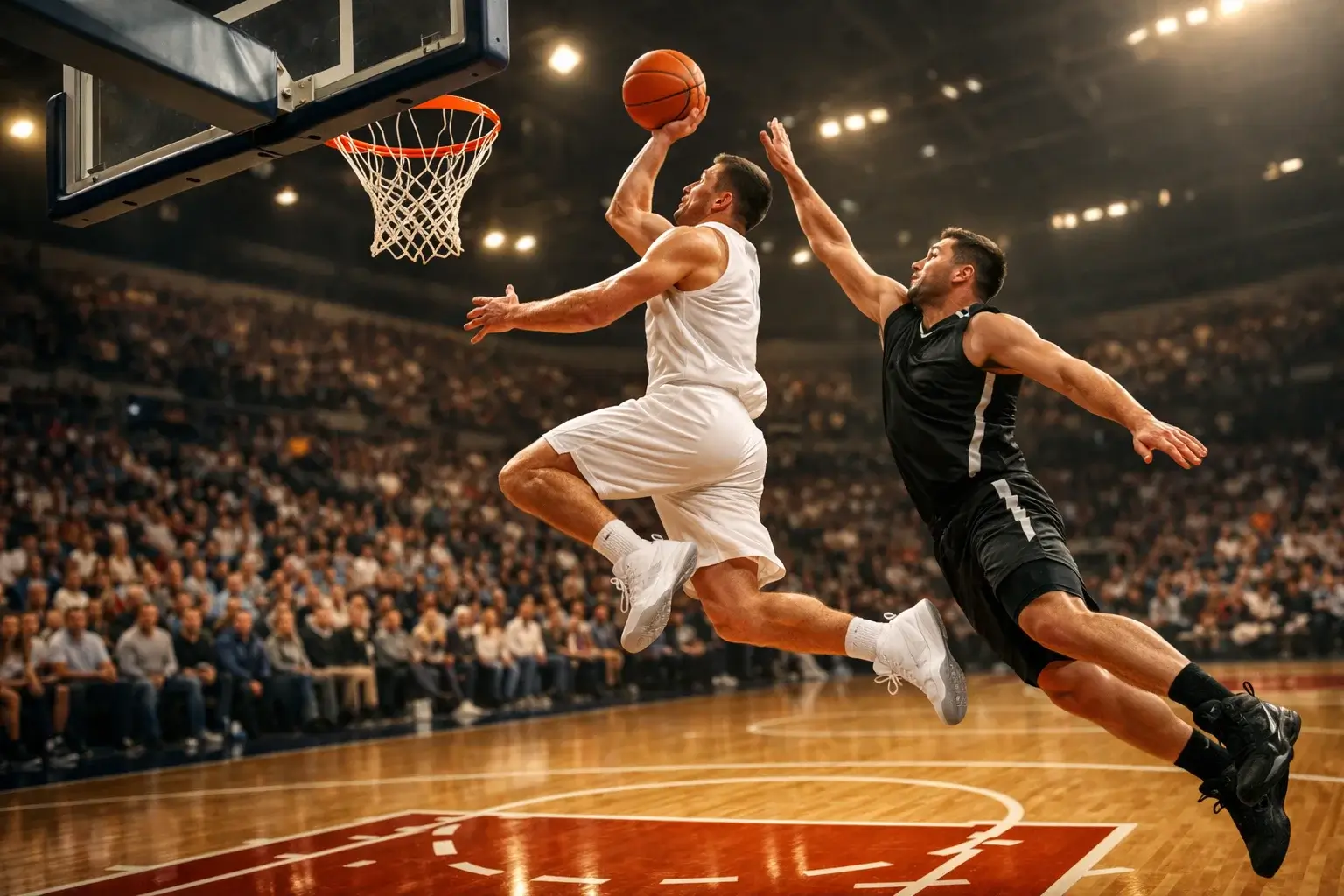 NBA-basketbalwedstrijd in een verlichte arena met spelers op het hardwood court