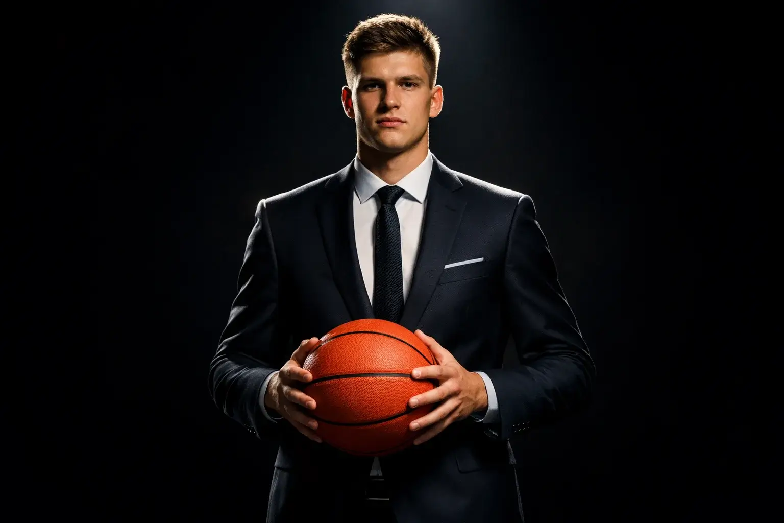 Jonge basketbalspeler die een basketbal vasthoudt klaar voor de NBA Draft