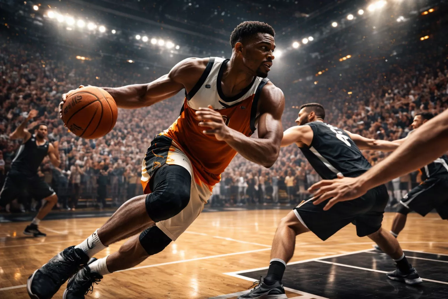 Intense NBA play-off wedstrijd met vol stadion en opgewonden publiek