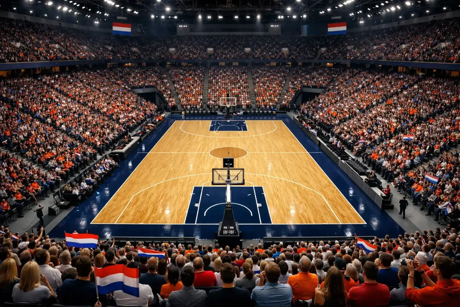 NBA-wedstrijd in een volle arena met fans en scorebord