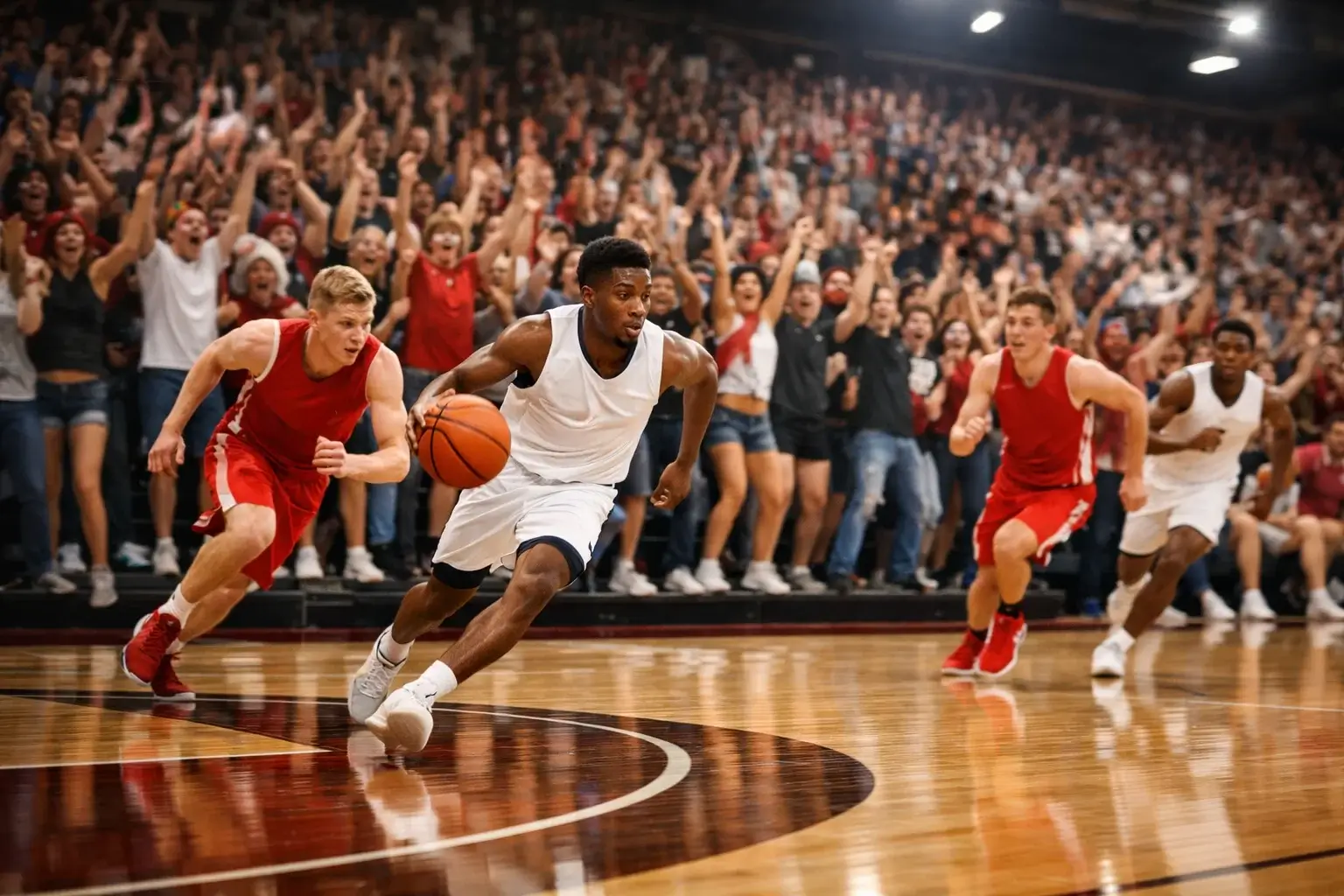 College basketbalwedstrijd in een volle universitaire arena tijdens March Madness