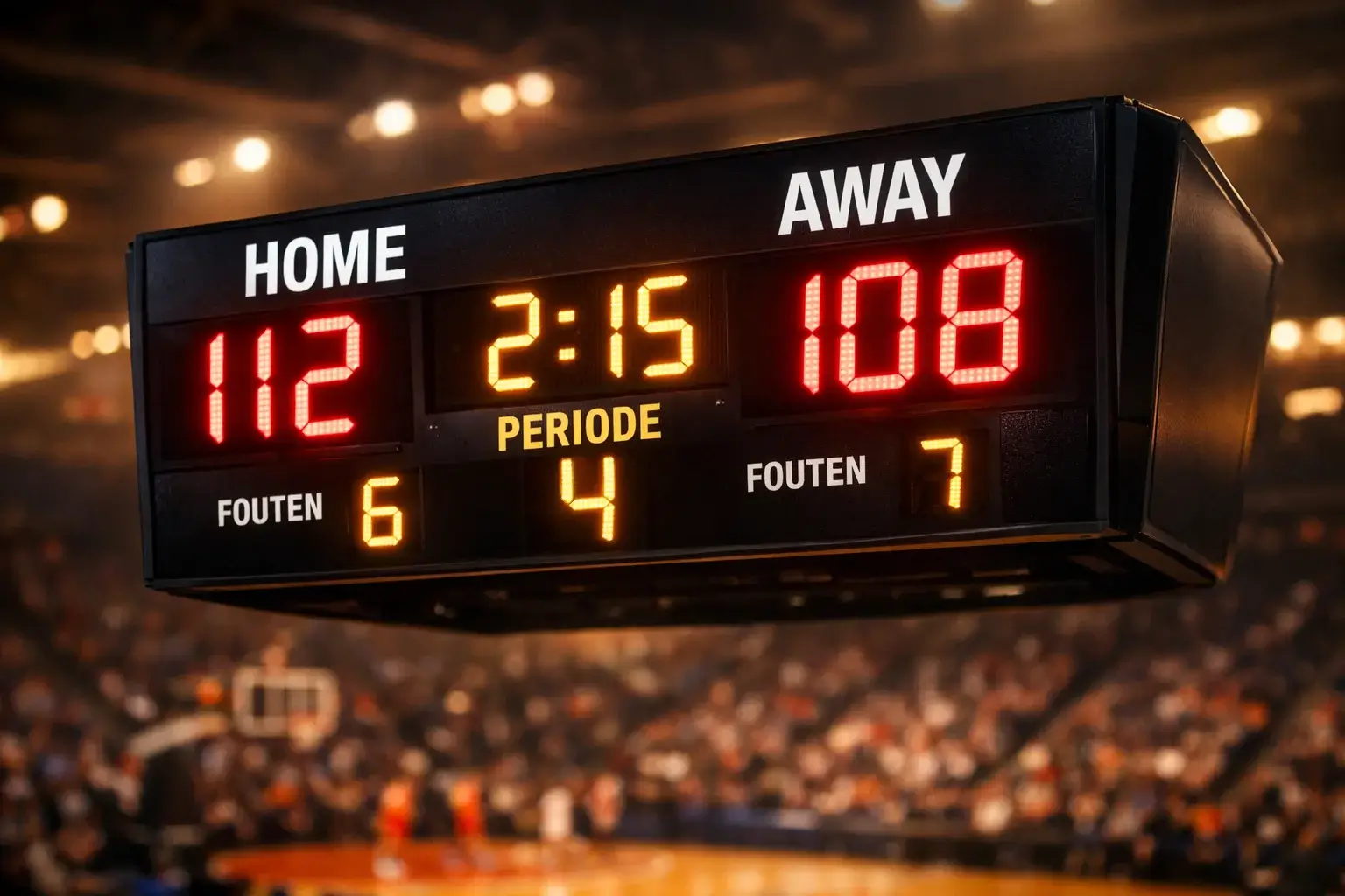 Scorebord van een basketbalwedstrijd met een hoge score die het over/under concept illustreert