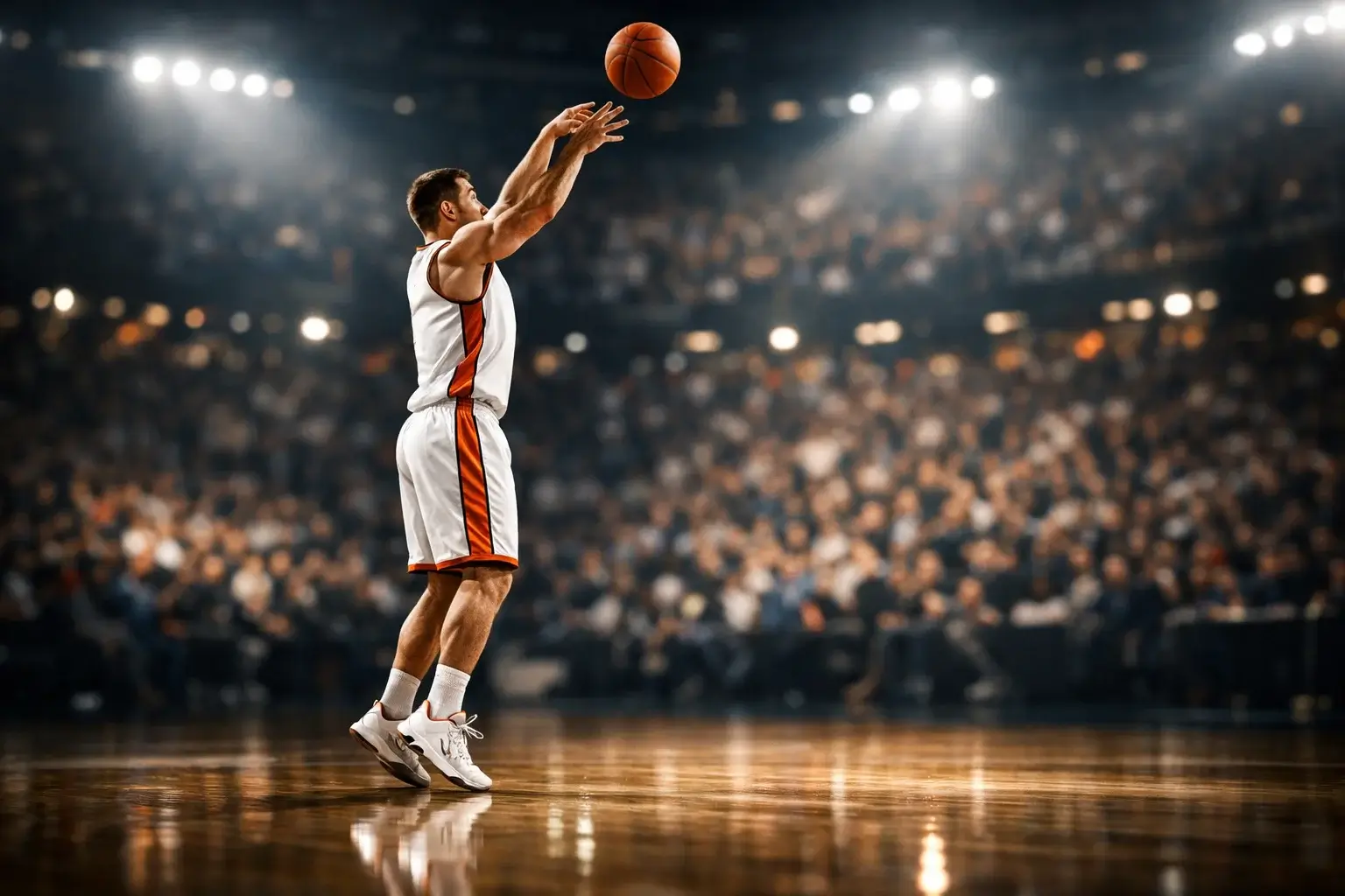 Basketbalspeler die een driepunter scoort in een professionele arena met publiek