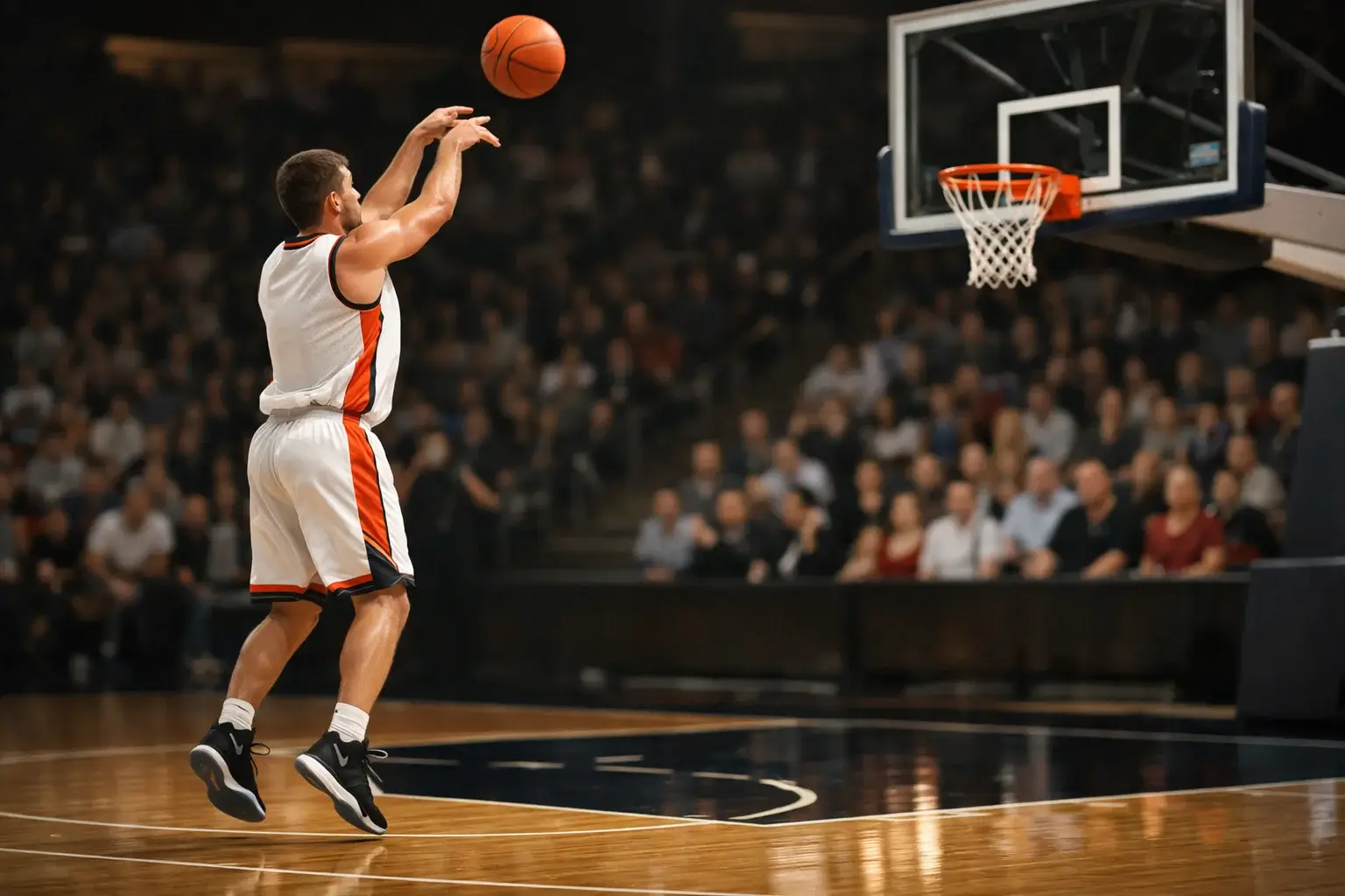 Basketbalspeler die een driepunter schiet tijdens een professionele wedstrijd op een indoor court