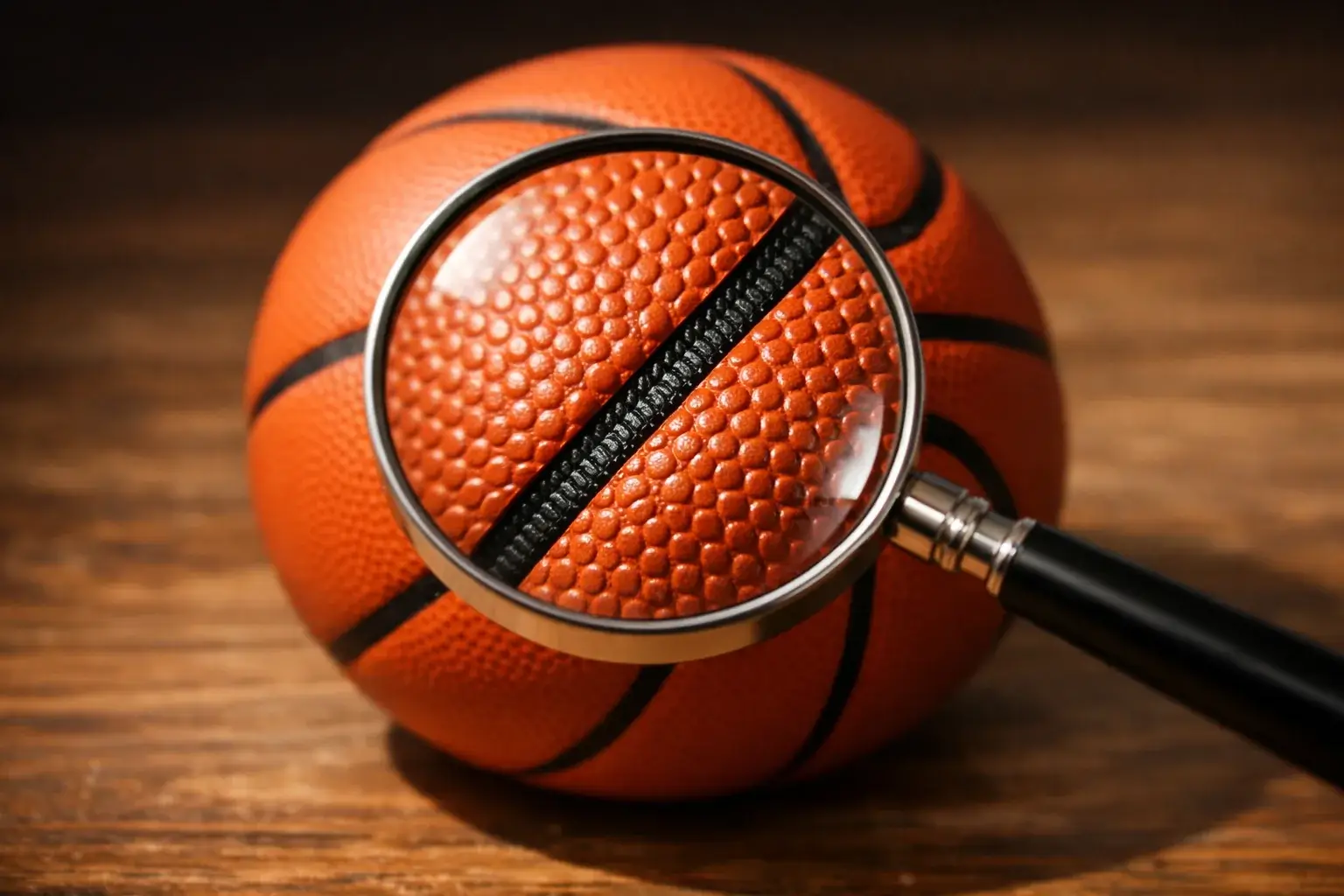 Basketbal met een vergrootglas dat de textuur van de bal onderzoekt als metafoor voor waarde vinden