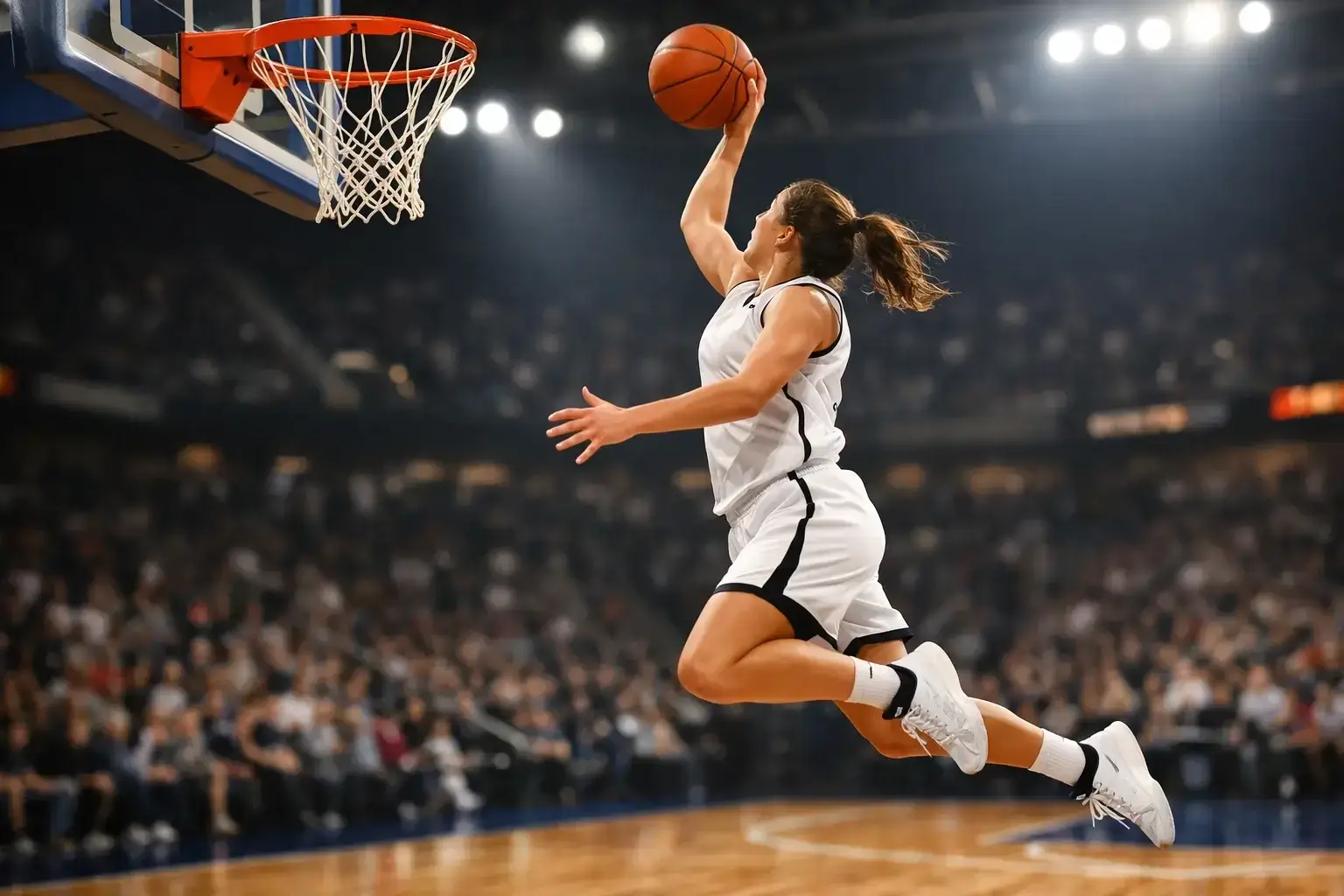 Vrouwelijke basketbalspeler die scoort tijdens een professionele WNBA-wedstrijd